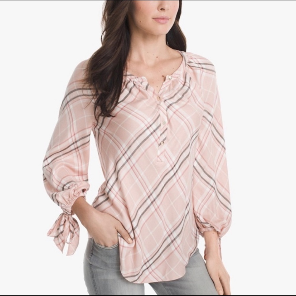 White House Black Market PLAID TIE-DETAIL BLOUSE